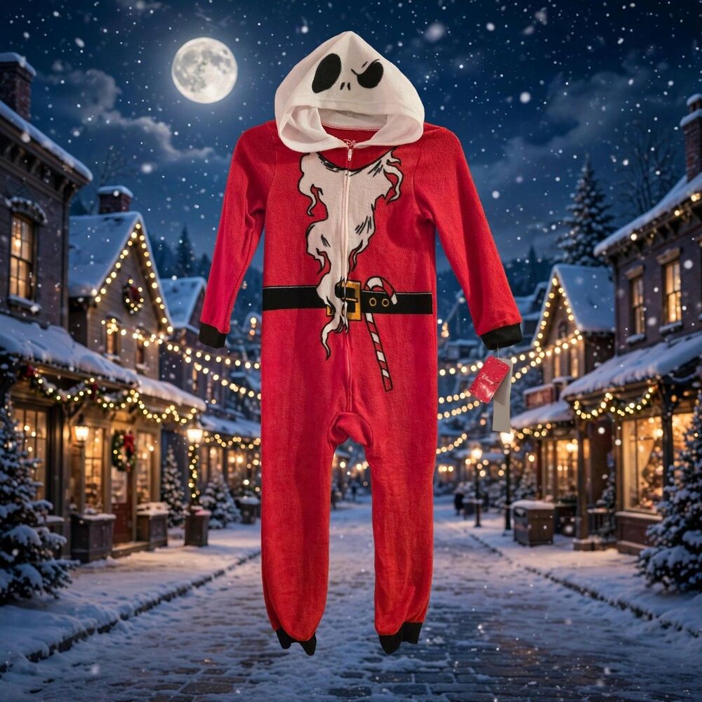 Disney Jack Skellington One Piece Pajamas Boys Youth Medium 8/10 Fleece Hooded